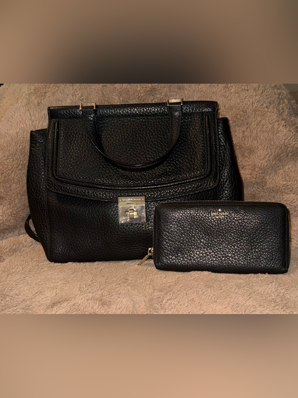Kate Spade Tallulah Everett Way Black Pebbled Leather Satchel + Matching Wallet
